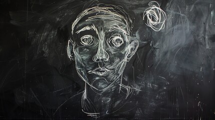 Chalk drawing of a person's face on a black chalkboard.