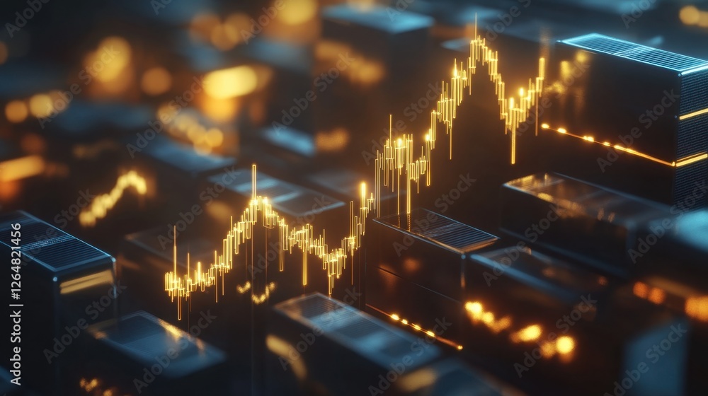 Poster dynamic financial chart with gold bars and a glowing upward arrow in a modern design