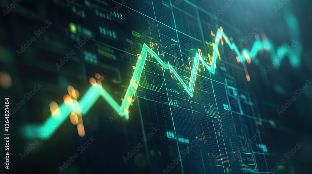 Poster dynamic financial graph with a luminous green arrow pointing upward, representing success and prospe