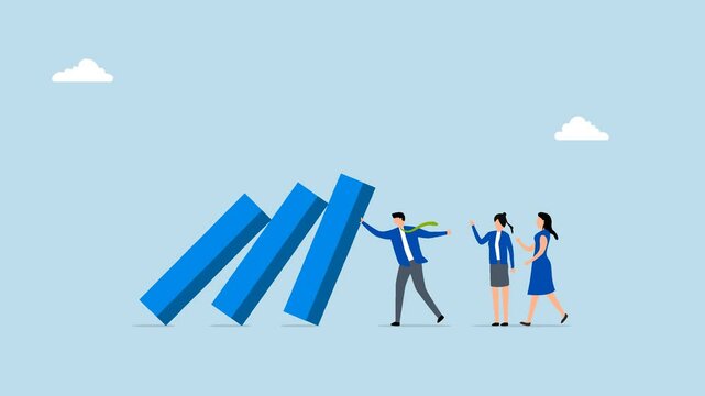 Reliability, 4k animation of dependable entrepreneur chief safeguard domino from falling on associates 
