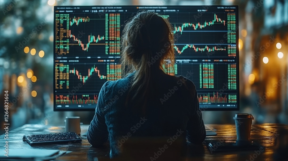 Poster female trader analyzing market trends on computer screen in office