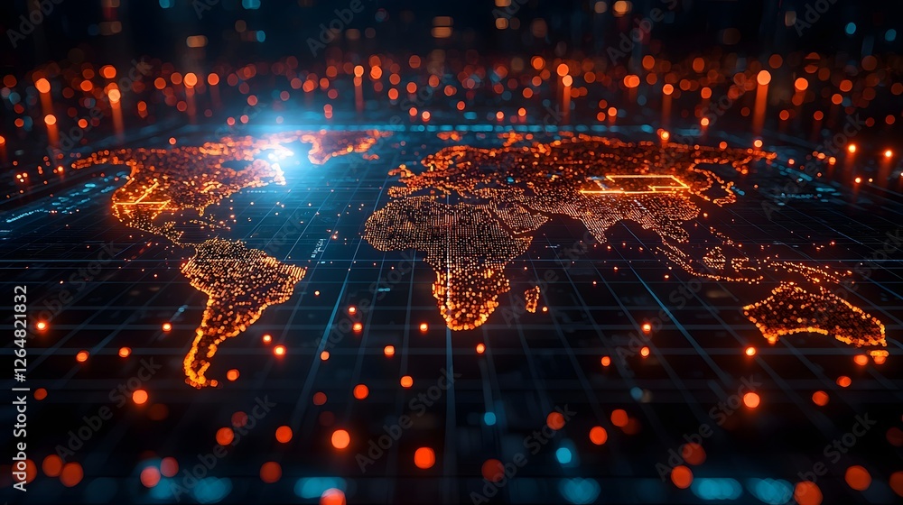 Poster glowing digital map showcasing real time cyber threat detection across the globe symbolizing global 