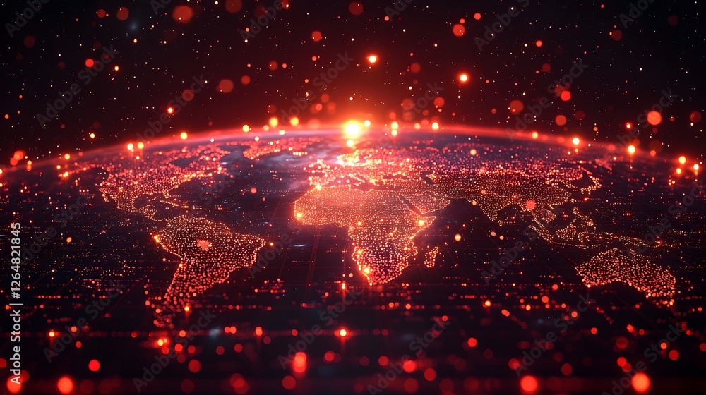 Poster glowing digital map with blinking red zones showing real time cyber threat detection across the glob