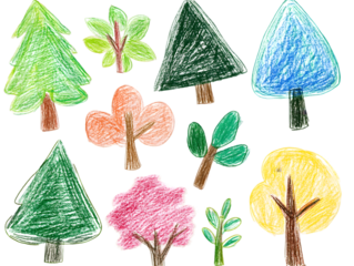 Collection of colorful crayon drawings of various trees on transparent background.  Includes evergreens, deciduous trees, and spring blossoms