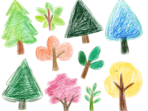 Collection of colorful crayon drawings of various trees on transparent background.  Includes evergreens, deciduous trees, and spring blossoms - Powered by Adobe