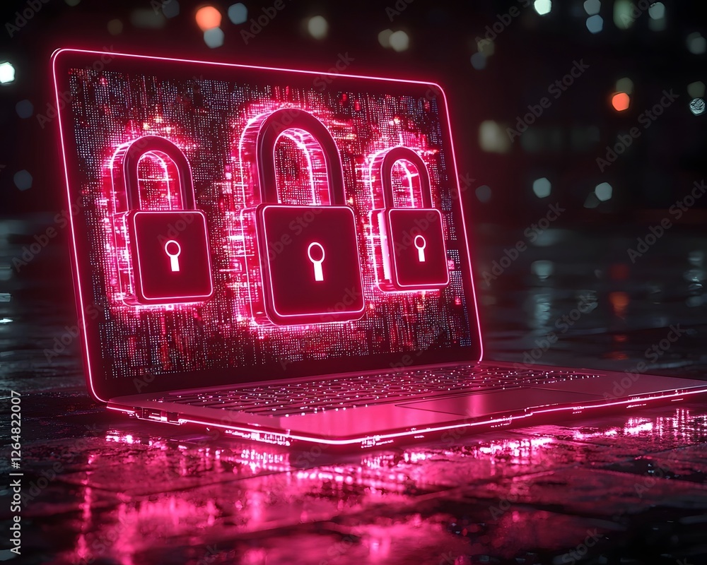 Poster glowing laptop shielded by digital locks and keys cybersecurity concept with copy space