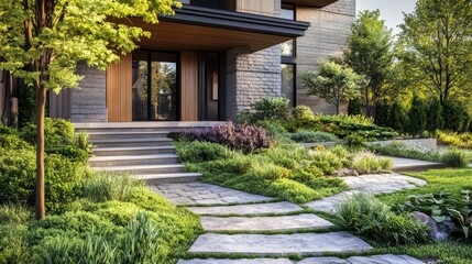 Elegant modern house showcasing a professionally landscaped front yard