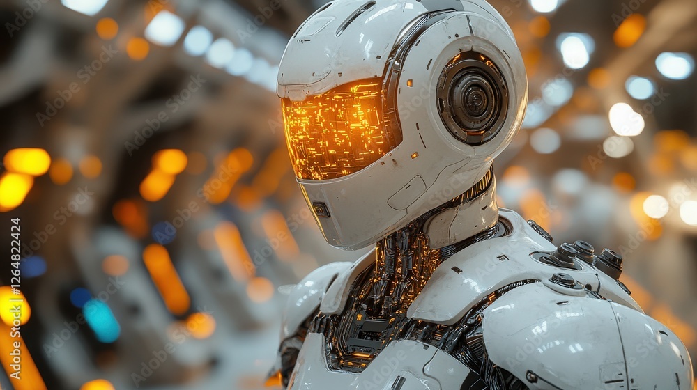 Aufkleber futuristic white robot with illuminated head in high-tech environment