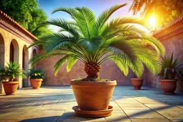 Fototapeta premium A lush potted palm tree thrives indoors, its deep green fronds sharply detailed in high-definition.