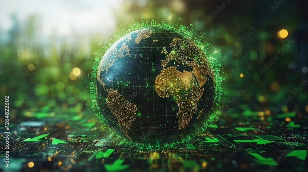 Aufkleber green digital world globe with data lines and arrows in background