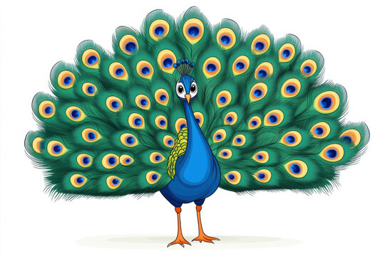 A vibrant cartoon peacock displaying its colorful feathers in a playful stance. isolated on white background.