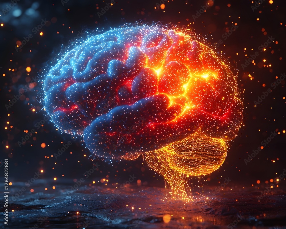 Poster glowing digital brain with competing neural networks symbolizing business innovation