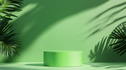 A vibrant green display with palm leaves casting shadows on a simple circular pedestal.
