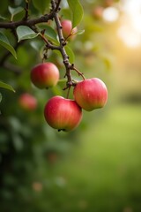 Apple trees with ripe fruits. Bloomy apple garden.