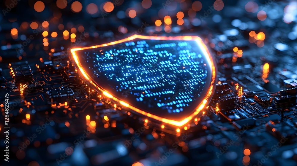 Poster glowing digital shield surrounded by binary code symbolizing cybersecurity defenses