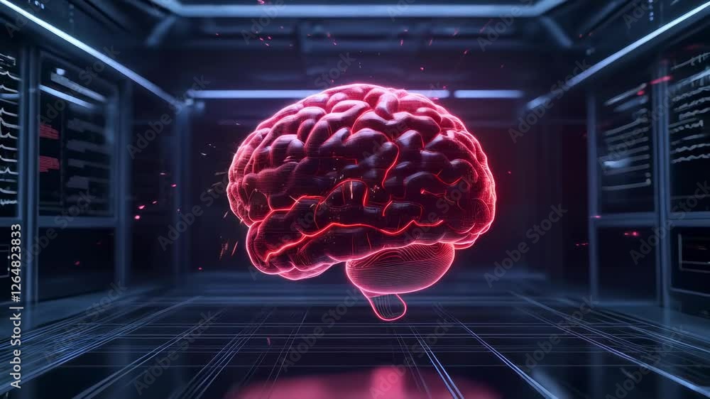 Poster neurological digital visualization showing human brain rotating, receiving electric impulses within 
