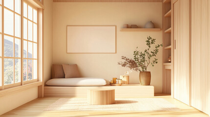 Bright and peaceful interior design featuring natural wood and minimalistic decor.