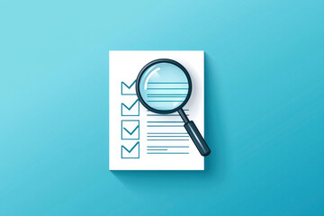 Checklist with a magnifying glass on a blue background for project management.