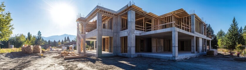 Modern concrete house under sunny sky