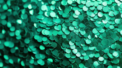 Close-up of vibrant green glittering confetti for design projects and festive themes.