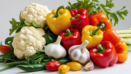 Fresh Organic Vegetables Background with Colorful Bell Peppers, Cauliflower, Garlic, and Green Herbs for Healthy Food Concepts