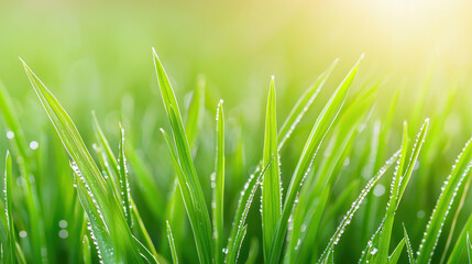 Obraz premium Close-up of vibrant green grass with morning dew droplets and soft sunlight filtering.