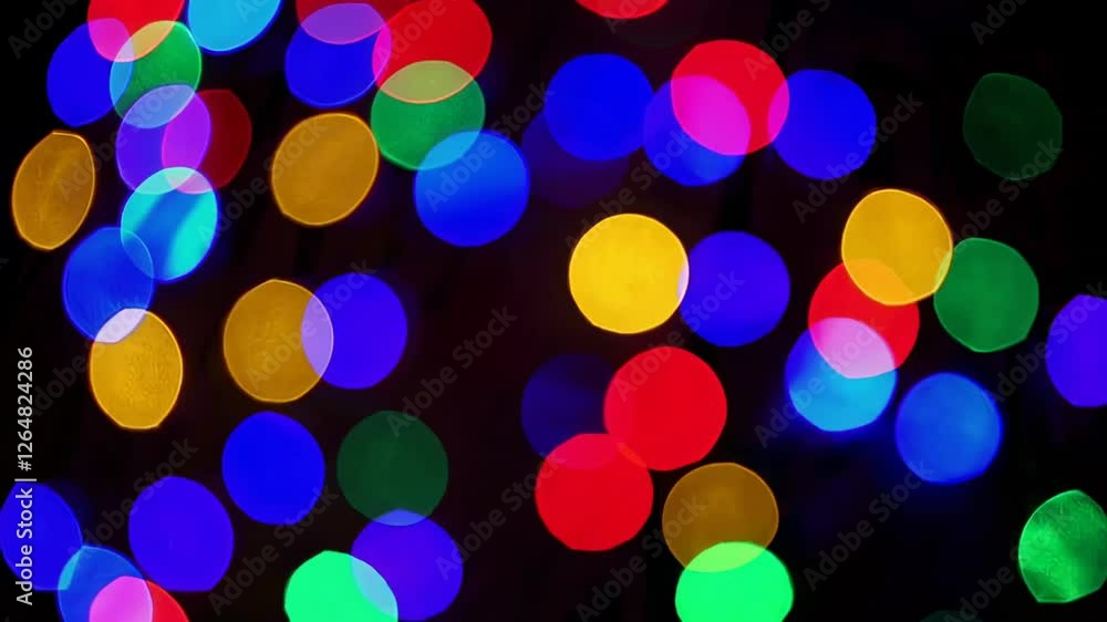 Poster Colorful bokeh lights dancing across six panels, creating festive ambiance with gentle shimmering and shifting hues in mesmerizing slow motion