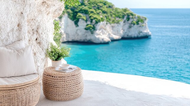 Coastal Cave Seating Area; Relaxation by the Sea; Tranquil View; Outdoor Resting Spot; Perfect for Relaxation