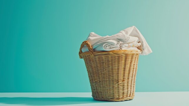 This image features a neatly arranged woven laundry basket filled with fresh white bedding, perfectly showcasing its texture and uplifting colors against a serene background.