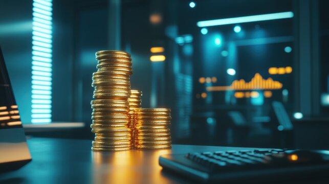 Futuristic hologram of stacked gold coins glowing above a sleek and minimalistic office desk.