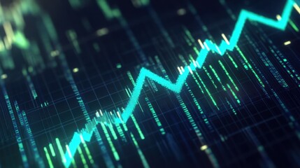Glowing financial graph with ascending green bars and a bold arrow pointing upward.