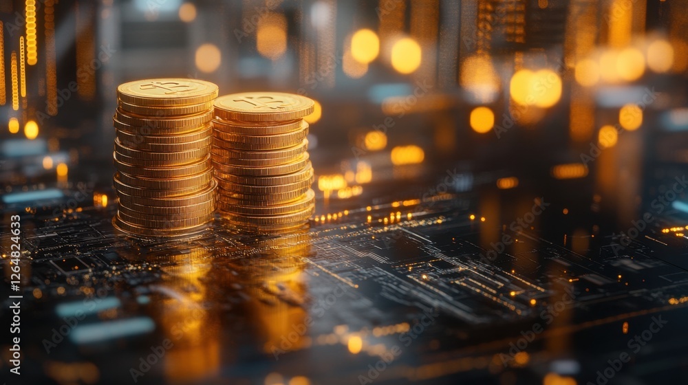 Poster glowing stack of golden coins projected as a hologram above a high-tech workspace.