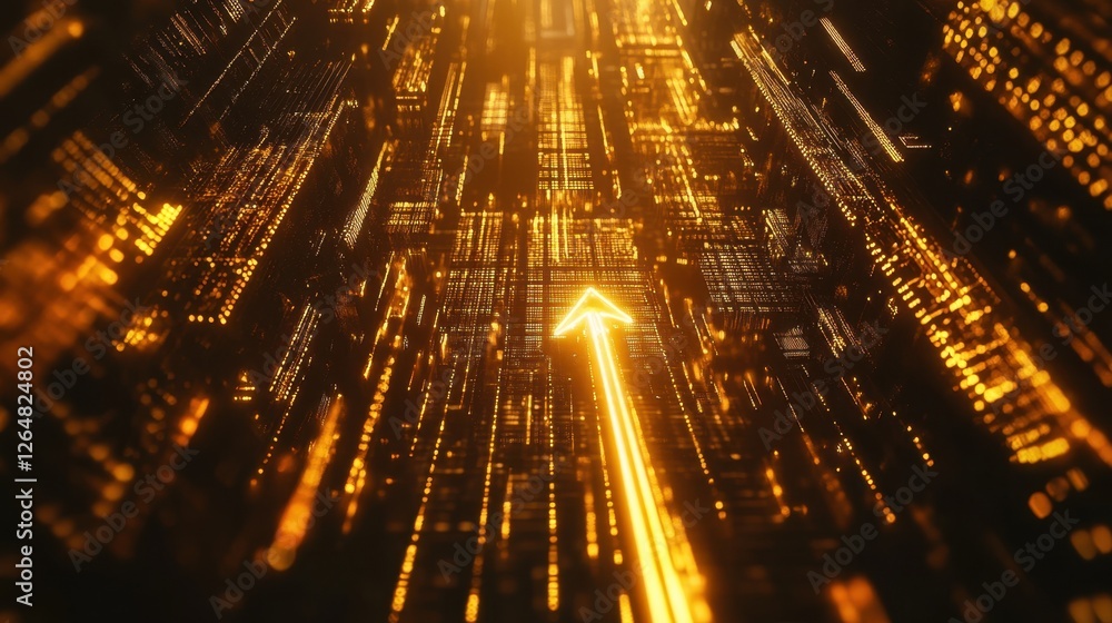 Poster golden bars and a sharp upward arrow against a dark futuristic interface, symbolizing progress