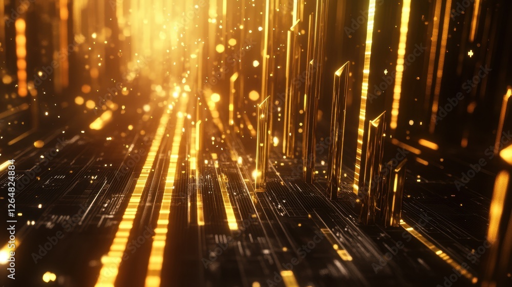 Poster golden bars and a sharp upward arrow against a dark futuristic interface, symbolizing progress