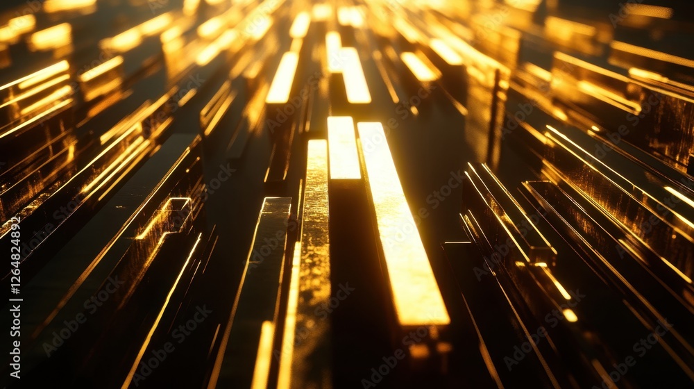 Poster golden bars and a sharp upward arrow against a dark futuristic interface, symbolizing progress