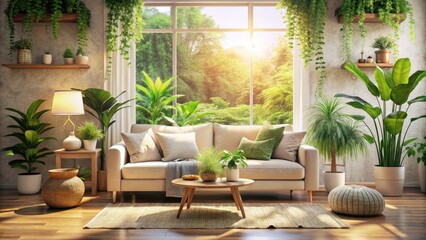 Fototapeta premium Bathed in natural light, a cozy living room features a light sofa, woven rug, lush plants, and tasteful home décor.