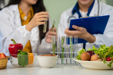 Microbiologists and nutrition experts analyze molecular samples in advanced food science labs.