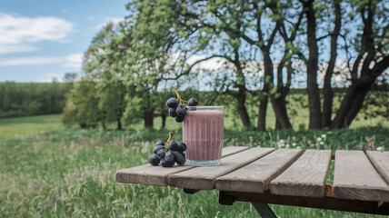Naklejka premium A close-up shot of a vibrant glass of black grape smoothie with a few black grapes set on a table, surrounded by a soft, vibrant nature background, perfect for food and beverage concepts. 