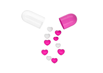 An Open Pink And Glossy Capsule With Minimal Heart Shaped Pills Spilling Out 3D Illustration