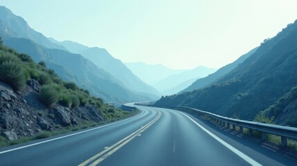Naklejka premium Asphalt ribbon winding through a serene mountain valley, a picturesque journey awaits