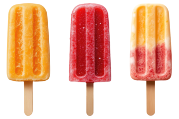 Vibrant popsicle ice cream in red and orange color with a wooden stick isolated on transparent background
