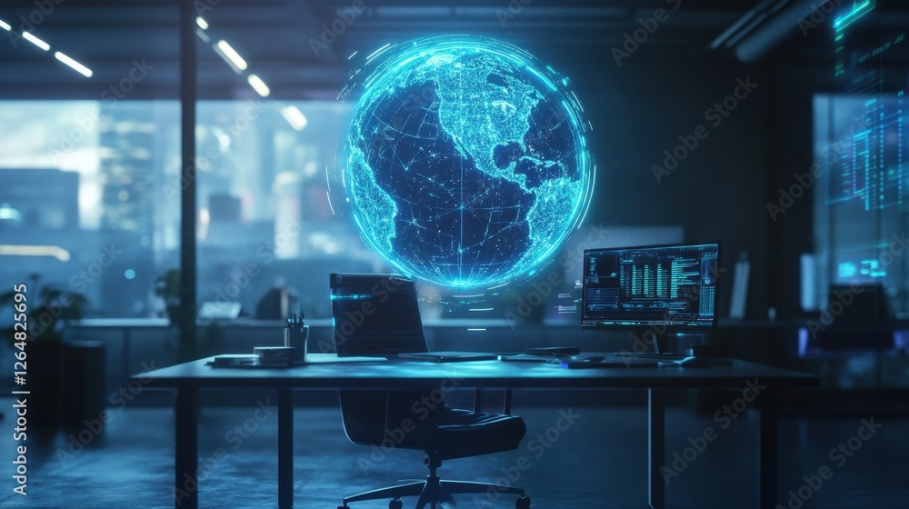 Poster high-tech desk setup with a glowing digital globe floating above, showcasing futuristic design
