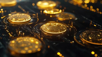 High-tech display of holographic gold coins rotating on a futuristic desk, symbolizing wealth and innovation.