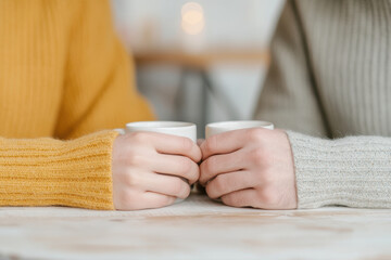 Obraz premium Cozy Moment with Two People Holding Coffee Mugs in Warm Sweaters