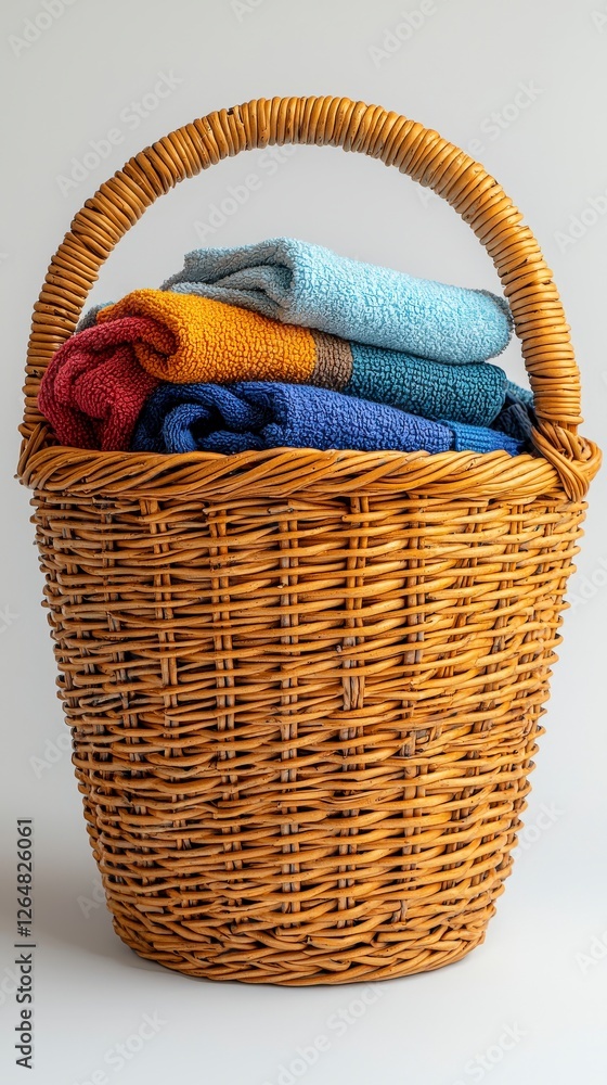 Poster a stylish wicker basket neatly filled with stacked towels, presented against a minimal white backdro