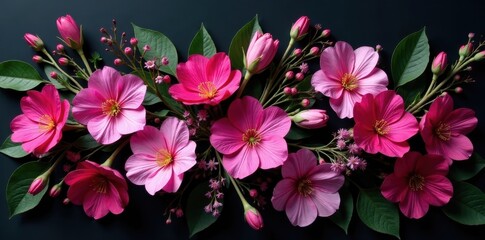 Vibrant Pink and Fuchsia Flower Arrangement on Dark Background A Stunning Floral Composition
