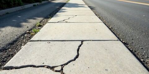 A sunlit cracked pavement beside an asphalt road shows the effects of time and weathering on infrastructure