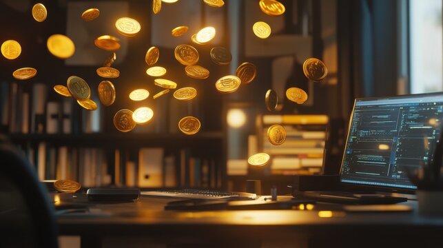 High-tech holographic display of golden coins spinning above a professional desk setup. - Powered by Adobe