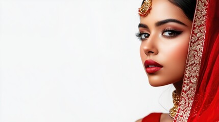 A woman wearing a red traditional Indian dress with gold embellishments, an ornate headpiece, her sheer red veil draped over her head as she gazes forward against a white background, with copy space.