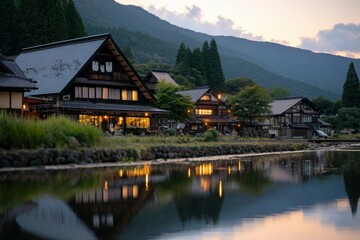 Fototapeta premium Japanese houses at sunset reflected in river in traditional village setting
